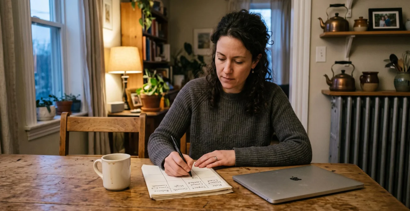 Une professionnelle assise à une table en bois remplit une grille d'évaluation de carrière sur un carnet dans une maison canadienne.