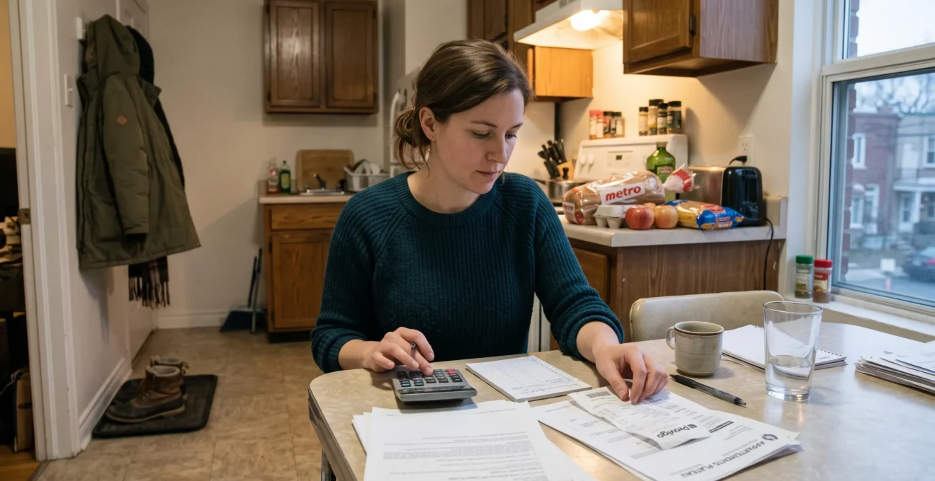Une personne calcule son budget à une table de cuisine avec une calculatrice, des factures et un reçu d'épicerie dans un appartement canadien.