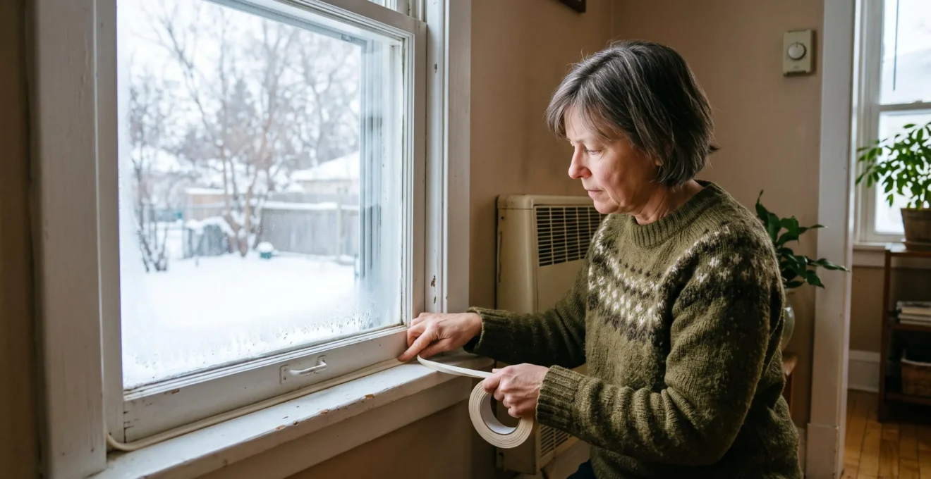 Une personne colle un joint d'étanchéité adhésif sur le cadre d'une fenêtre ancienne dans une maison canadienne en hiver.