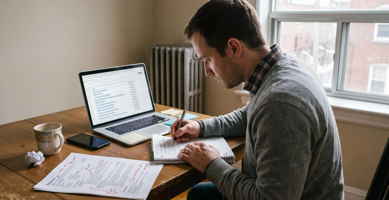 Un homme annote un CV à la main devant un ordinateur portable affichant des offres d'emploi, assis à la table de son appartement.