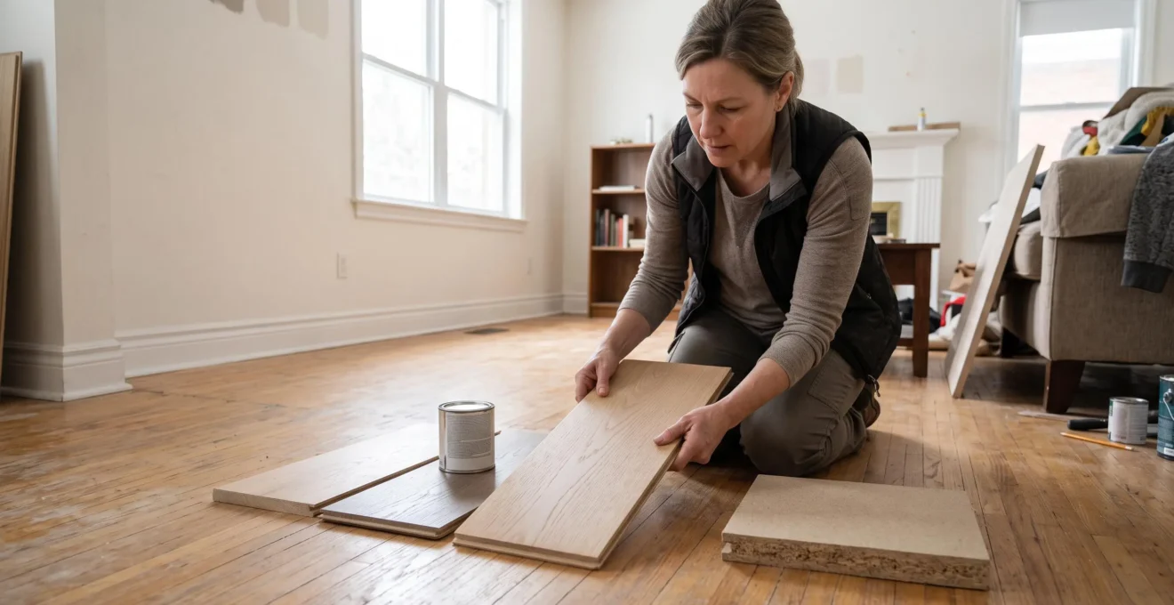 Une personne compare des échantillons de plancher et de matériaux de finition dans le salon d'une maison canadienne en rénovation.