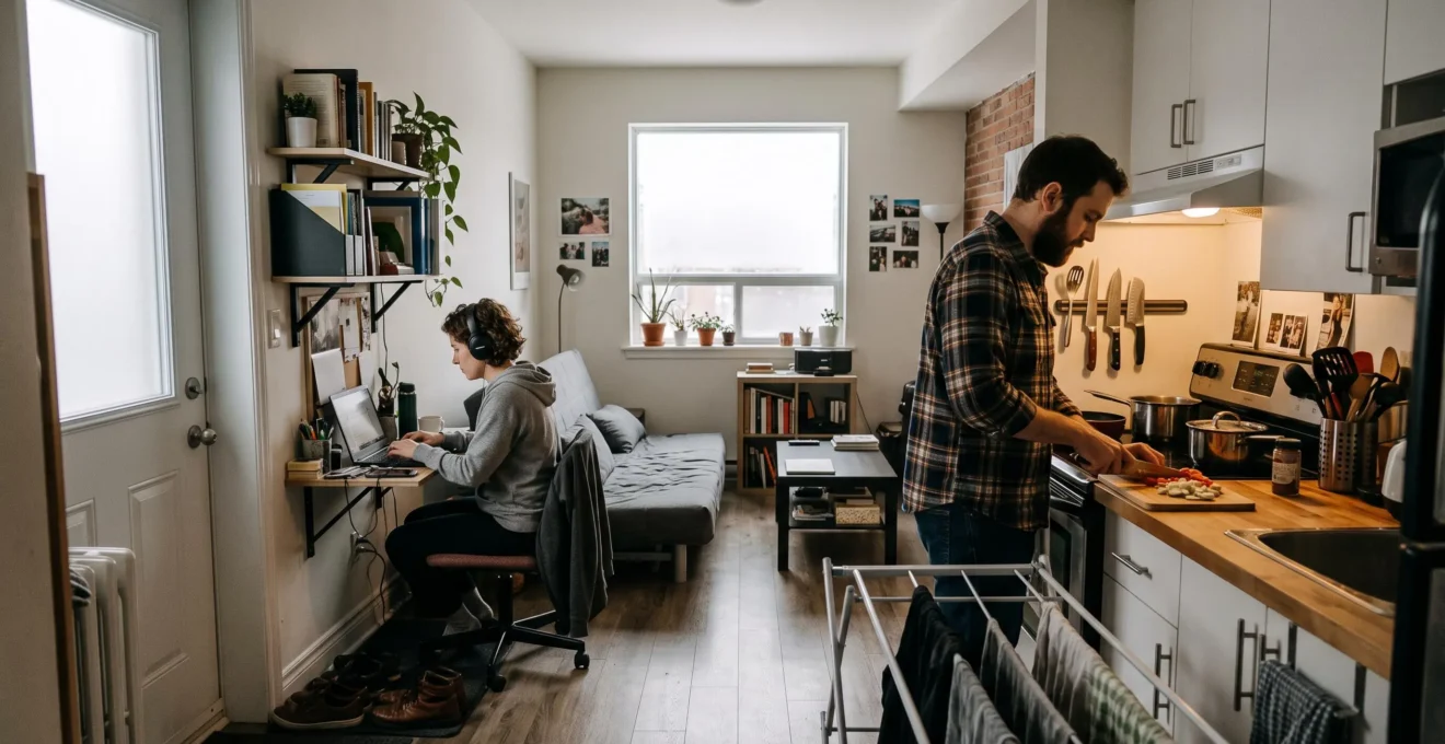 Un couple vit côte à côte dans un petit appartement urbain de 600 pi² : l'un travaille au bureau d'angle, l'autre cuisine dans la cuisine ouverte à quelques mètres.