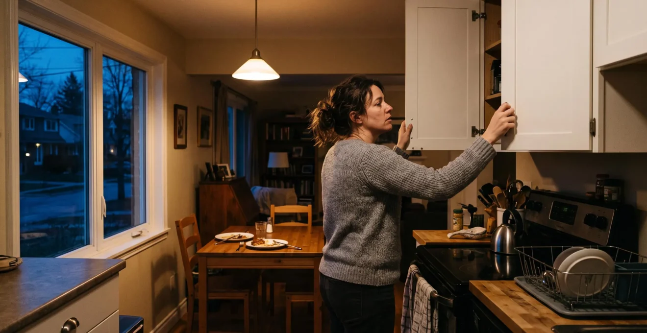 Une femme ouvre une armoire de la cuisine en soirée pour grignoter, alors que son assiette de souper est encore sur la table derrière elle.