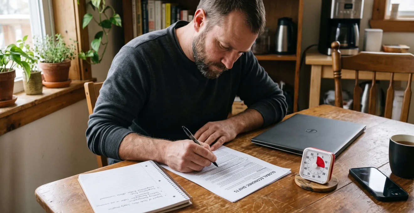 Une personne assied à une table en bois, surlignant à la main un article imprimé à côté d'un carnet de notes et d'un minuteur, dans une lumière naturelle du matin.