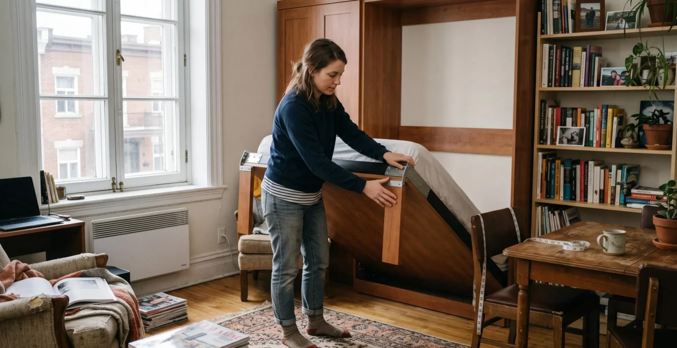 Une femme déploie un lit escamotable mural dans le salon d'un petit appartement meublé éclairé par la lumière du jour.