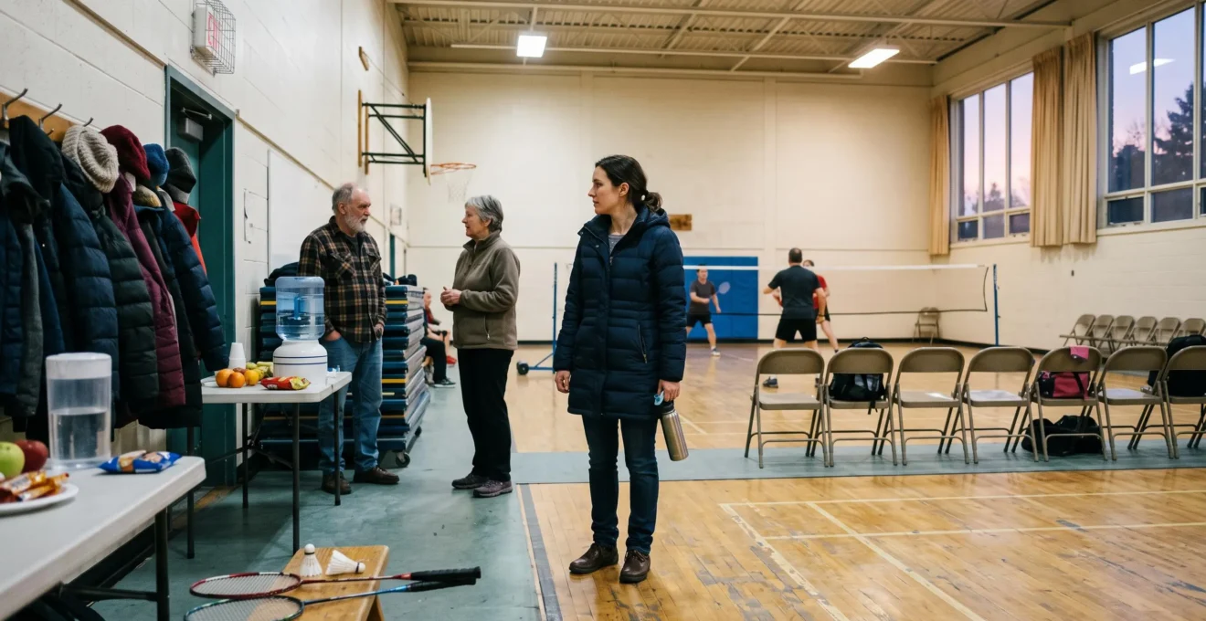 Une personne nouvelle arrivée observe un groupe discutant dans un centre communautaire canadien lors d'une soirée récréative.