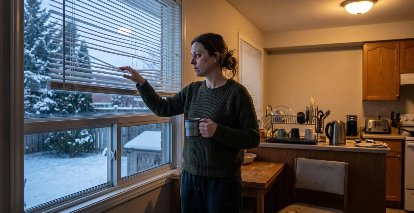 Une femme ouvre les stores de sa cuisine un matin d'hiver canadien, une tasse à la main, avant de commencer sa journée.